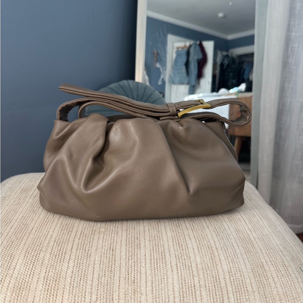 Cute Trendy Faux Shoulder Bag Taupe Ruched with Buckle Strap
